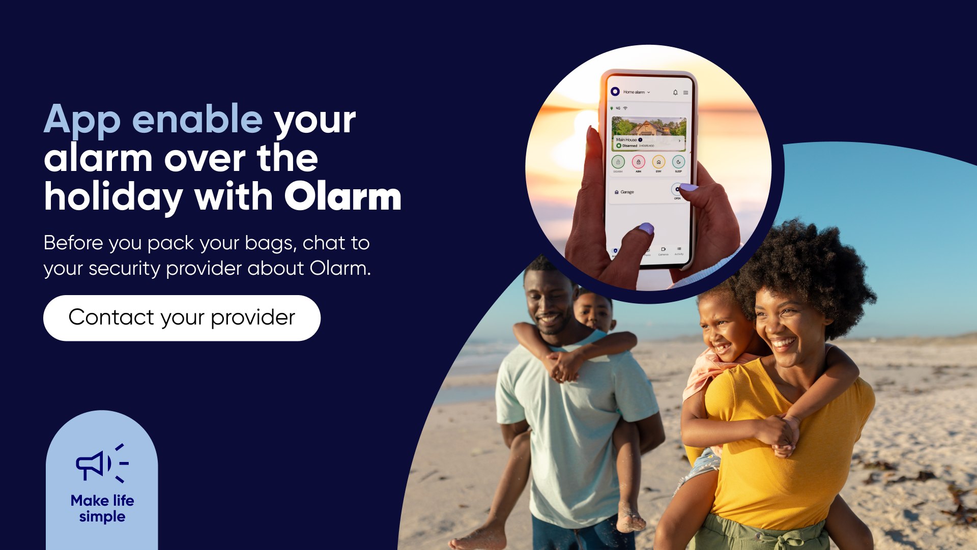 OLARM mobile app shown as a remote alarm control